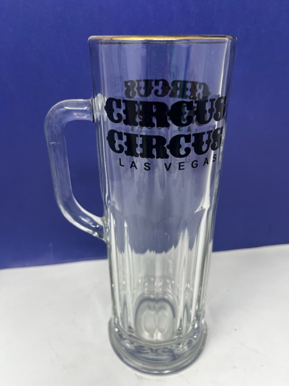 1990’s Circus Circus Las Vegas Glass 9” Gold Rim Mug w/ Handle Libby USA
